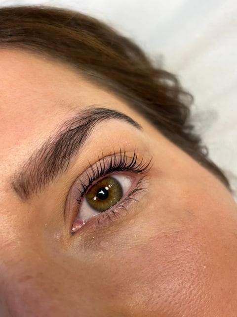 Close-up of a womans eye with brown hair, featuring defined eyebrow and volumized black eyelashes