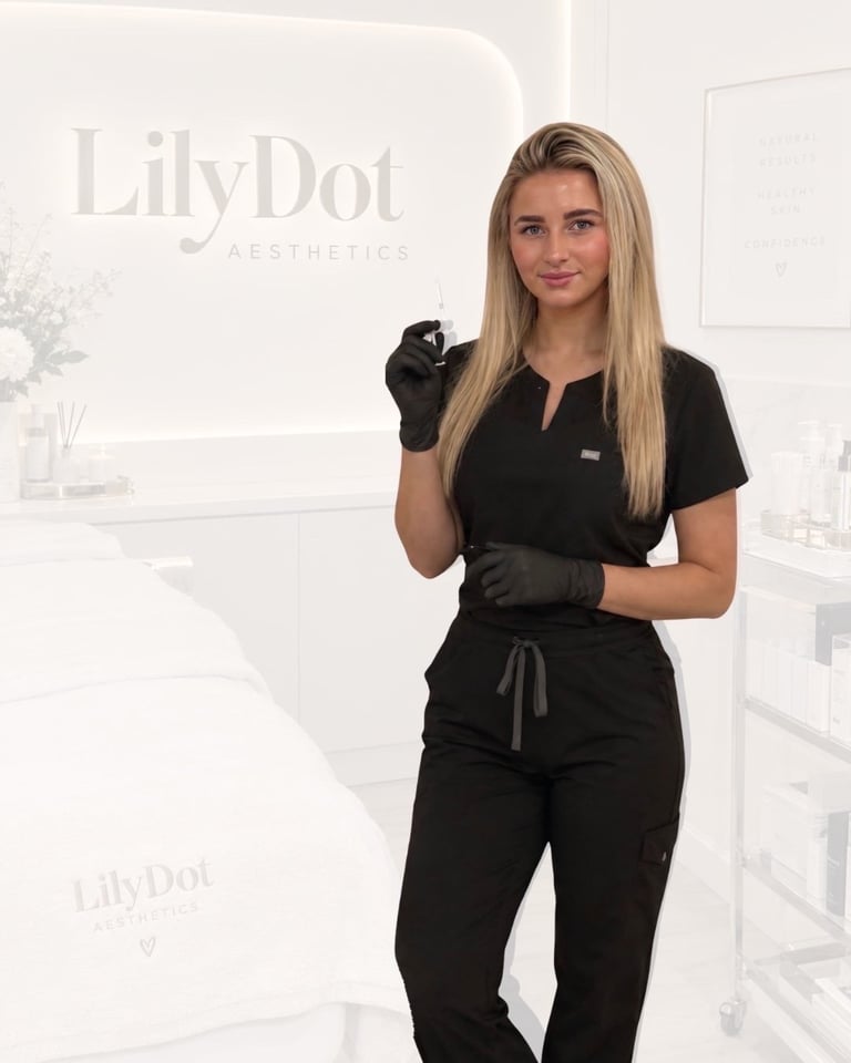 Healthcare professional in black scrubs wearing black gloves at LilyDot Aesthetics clinic